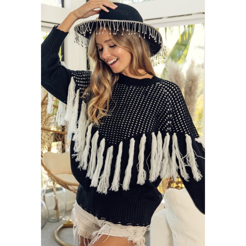 NEW! BiBi Fringe Soft Black and White Sweater! - Picture 9 of 10